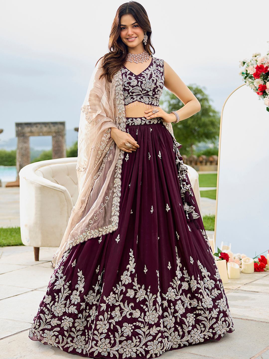 panchhi Wine Embroidered Satin Silk Beads & Stone Ready To Wear Lehenga Choli With Dupatta