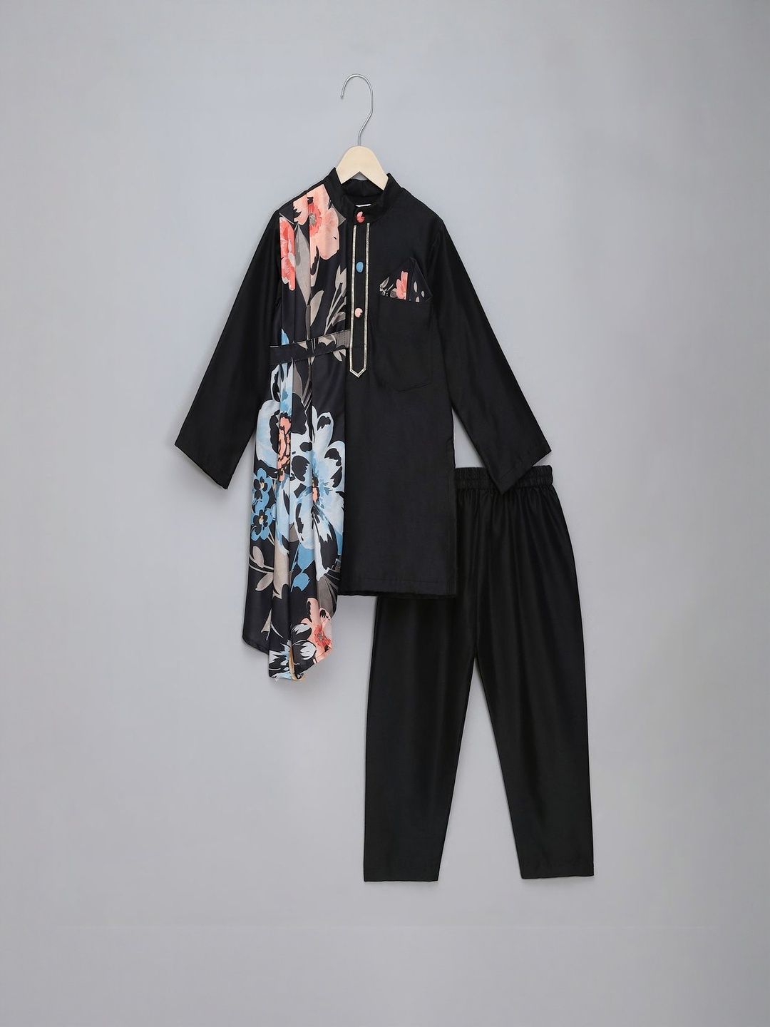 The Little Tales Boys Floral Printed Mandarin Collar Cotton Silk Kurta With Pyjamas-picture-17