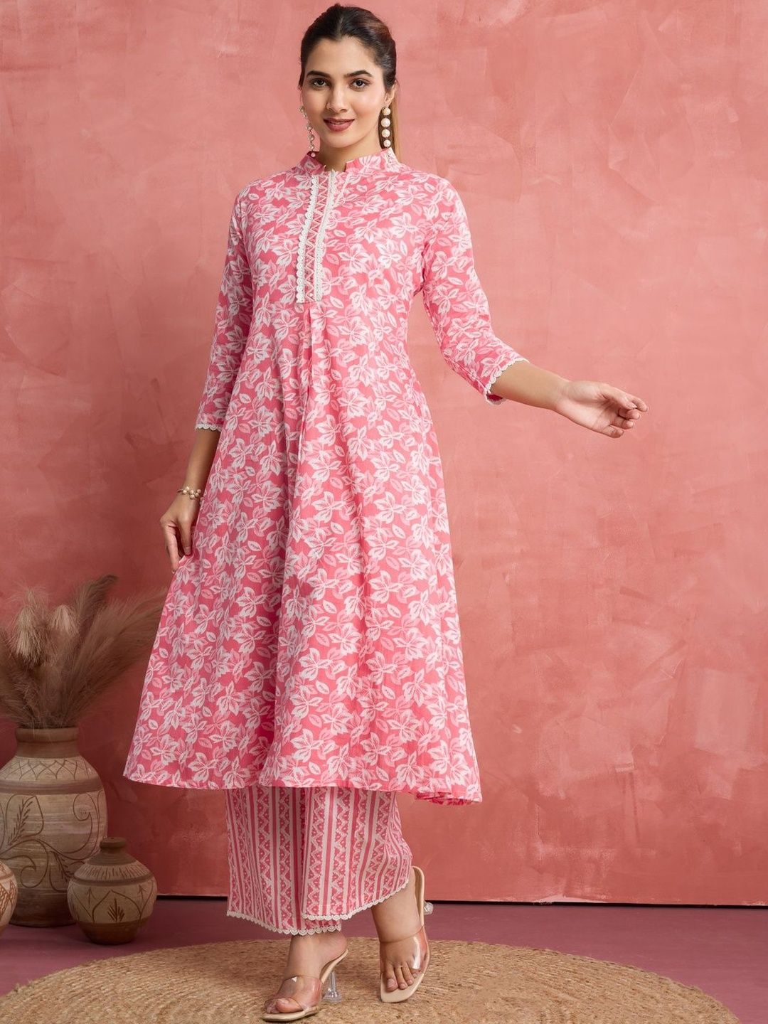 LUSIVA Floral Printed Mandarin Collar A-Line Kurta With Trouser-picture-22