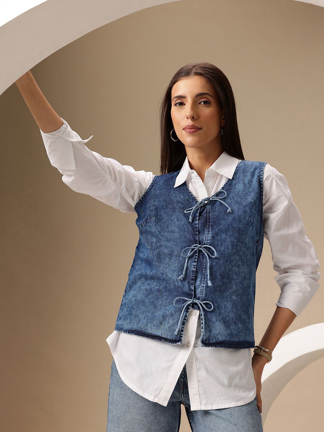Chemistry Washed Effect Pure Cotton Tie-Up Detail Chambray Waistcoat-image-9