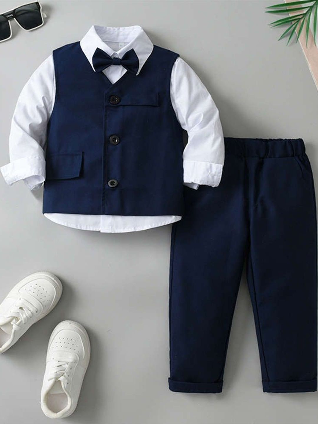 TOGEPI Boys Pure Cotton Navy Blue Formal Suit Set With Bow Tie-picture-36
