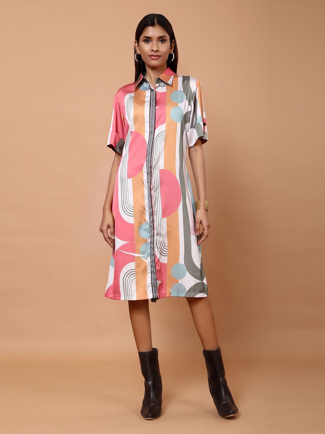 Tamiska By Narendra Kumar Abstract Printed Shirt Collar Shirt Midi Dress-picture-15