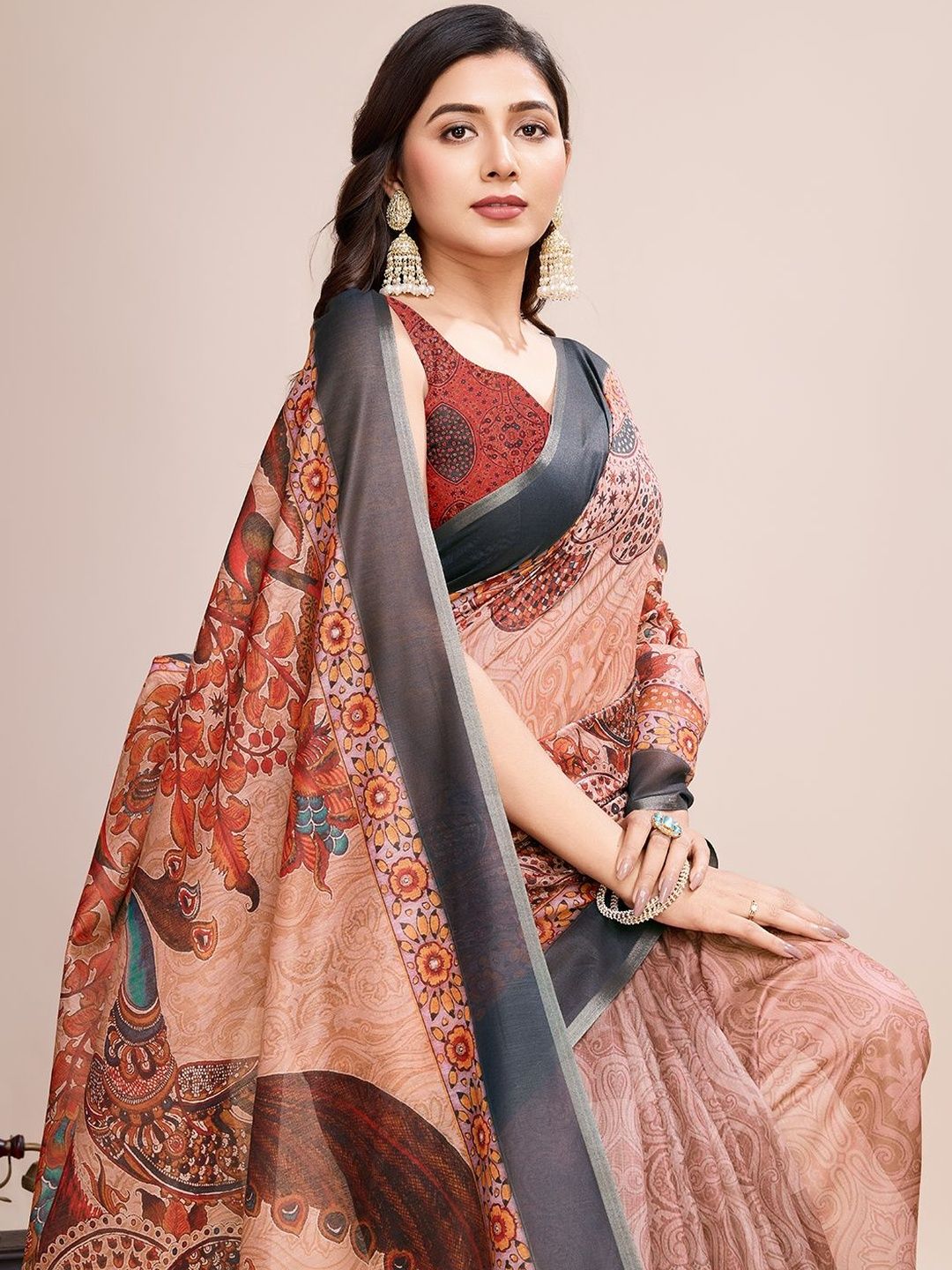 NIWAA Ethnic Motifs Zari Pure Linen Handloom Saree-picture-28