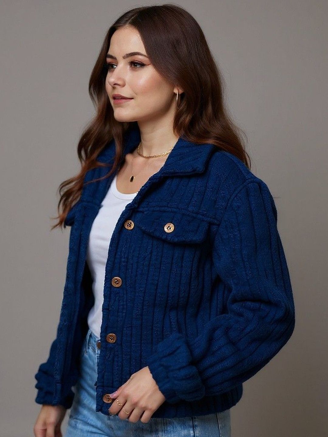 DressBerry Women Dark Blue Solid Long Sleeves Jacket-picture-24