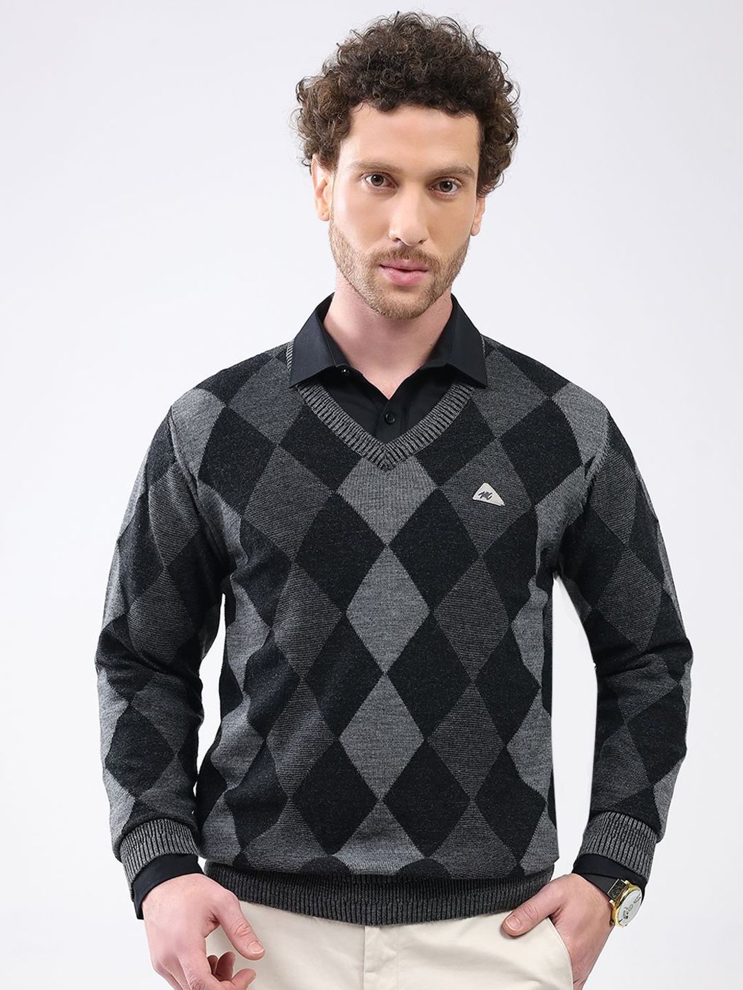 Monte Carlo Men Argyle Self Design Full Sleeve Woollen Pullover-picture-23