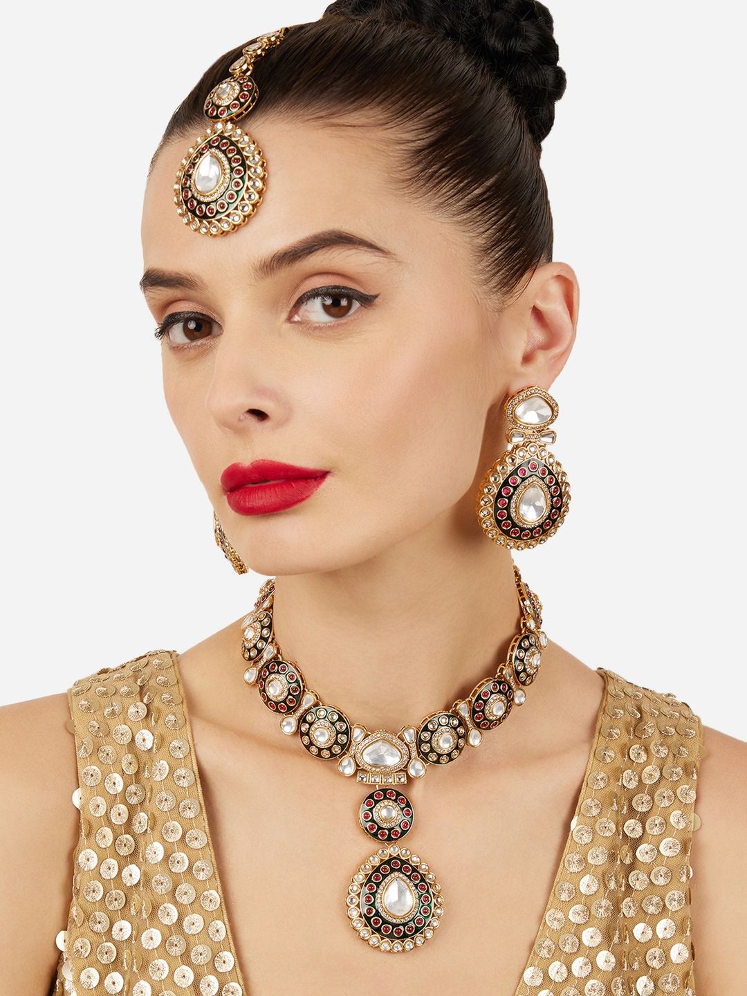 Zaveri Pearls Gold-Plated Meenakari Artificial Stones Studded Necklace & Earrings-picture-27