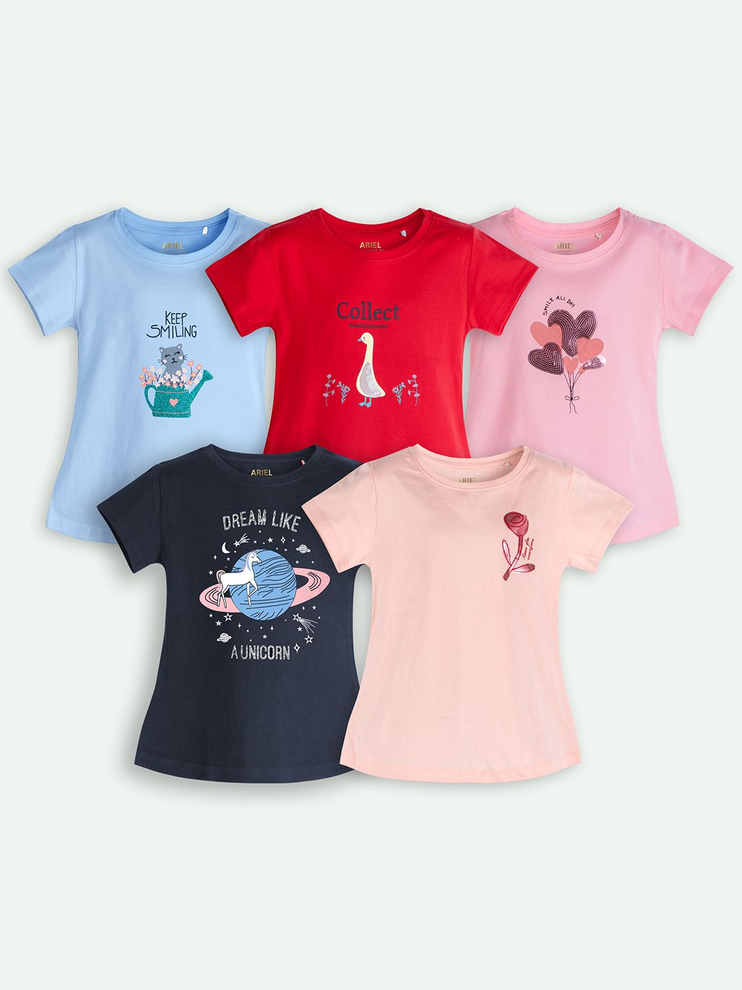 ariel Girls Pack of 5 Graphic Printed Round Neck Pure Cotton T-shirts