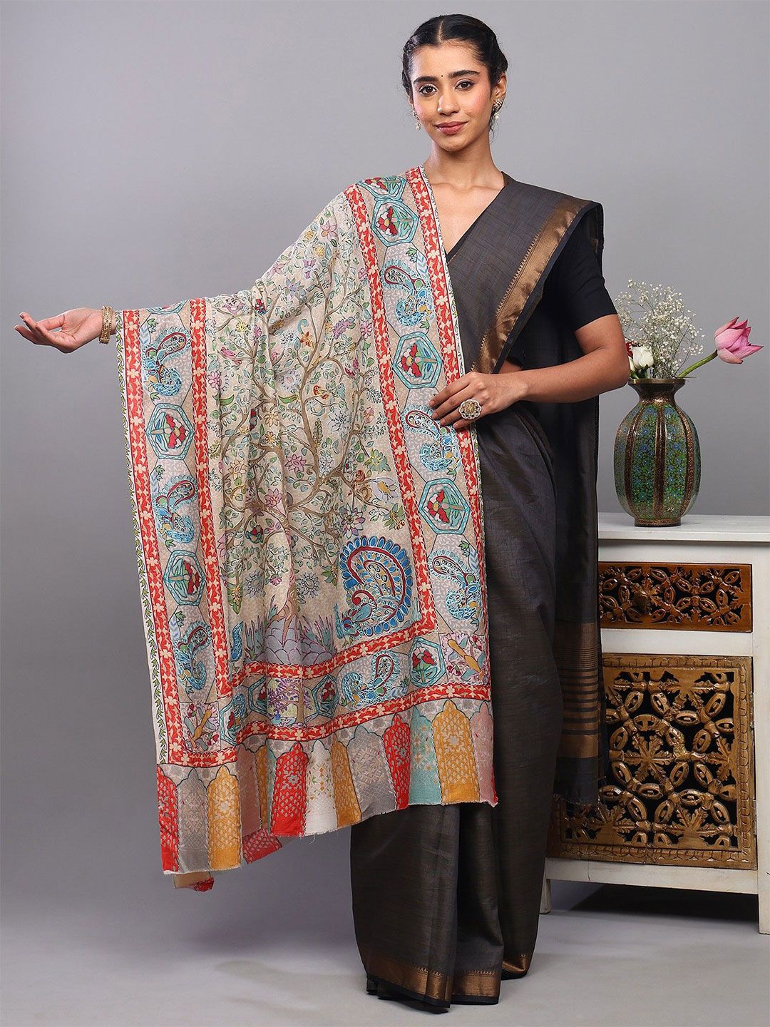 Exotic India Embroidered Kalamkari Wool Silk Shawl With Printed Peacocks & Tree Branchs-image-39