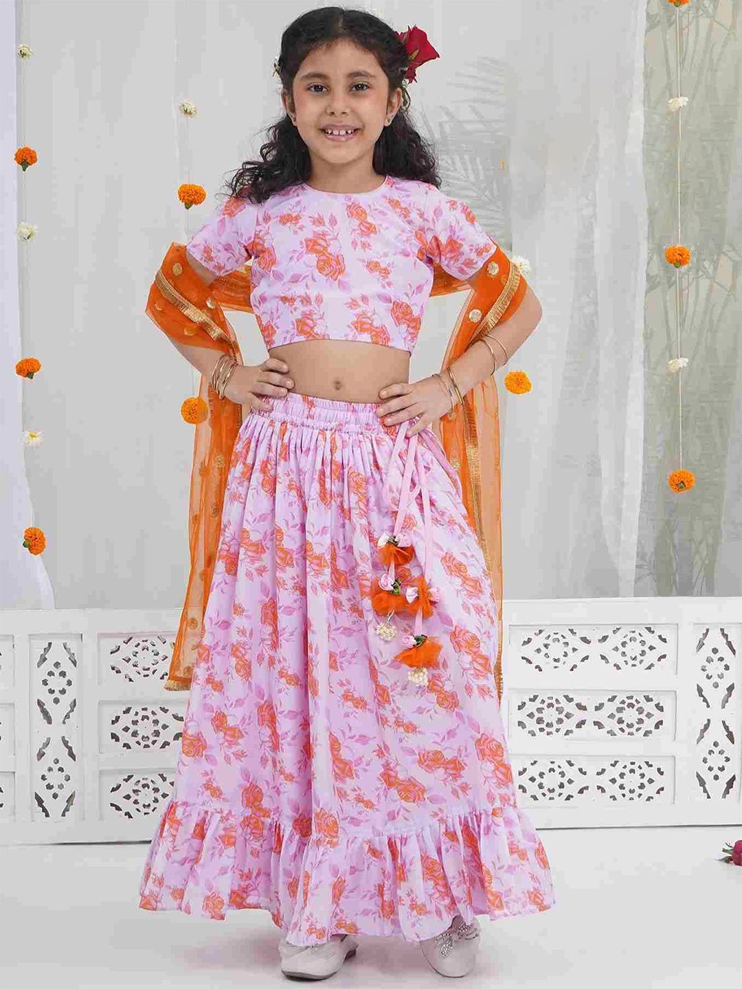 Little Bansi Girls Pink Cotton Lining Muslin Rose Blouse With Lehenga & Dupatta-picture-22