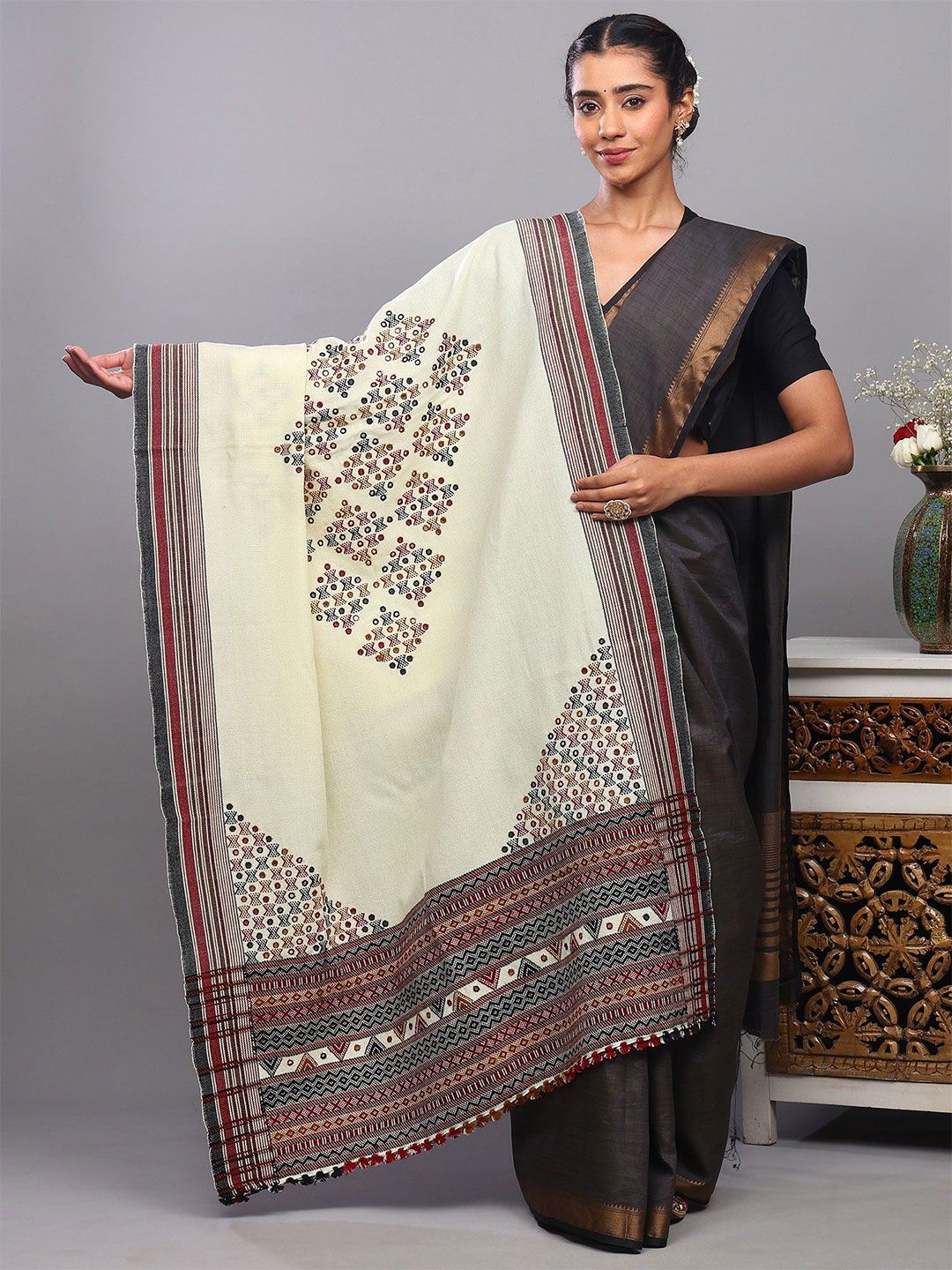Exotic India Kutch Embroidered Mirror Work Woollen Shawl-image-39