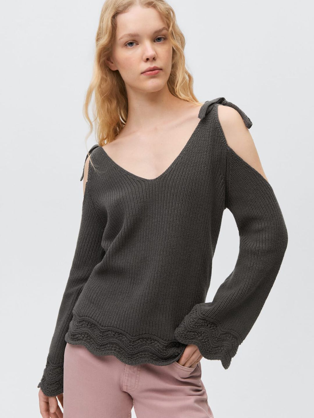 MANGO Ribbed V-Neck Pure Cotton Sweaters-picture-42