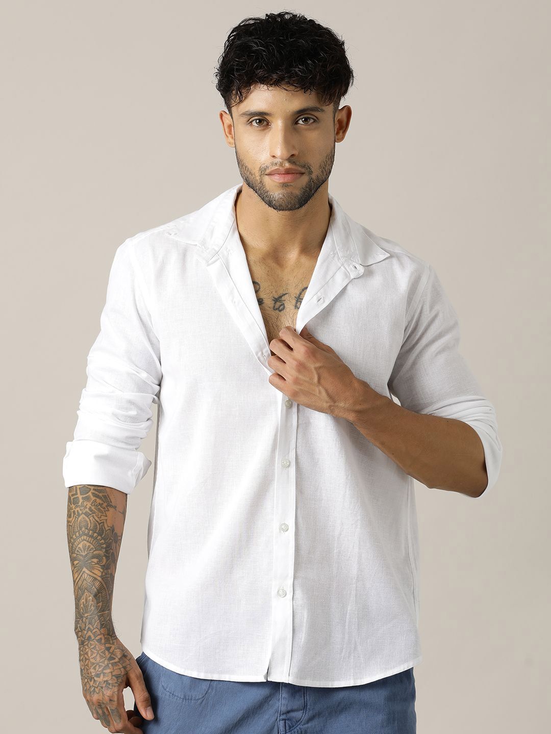 Paper Cut Relaxed Spread Collar Roll-Up Sleeves Cotton Shirt-picture-28