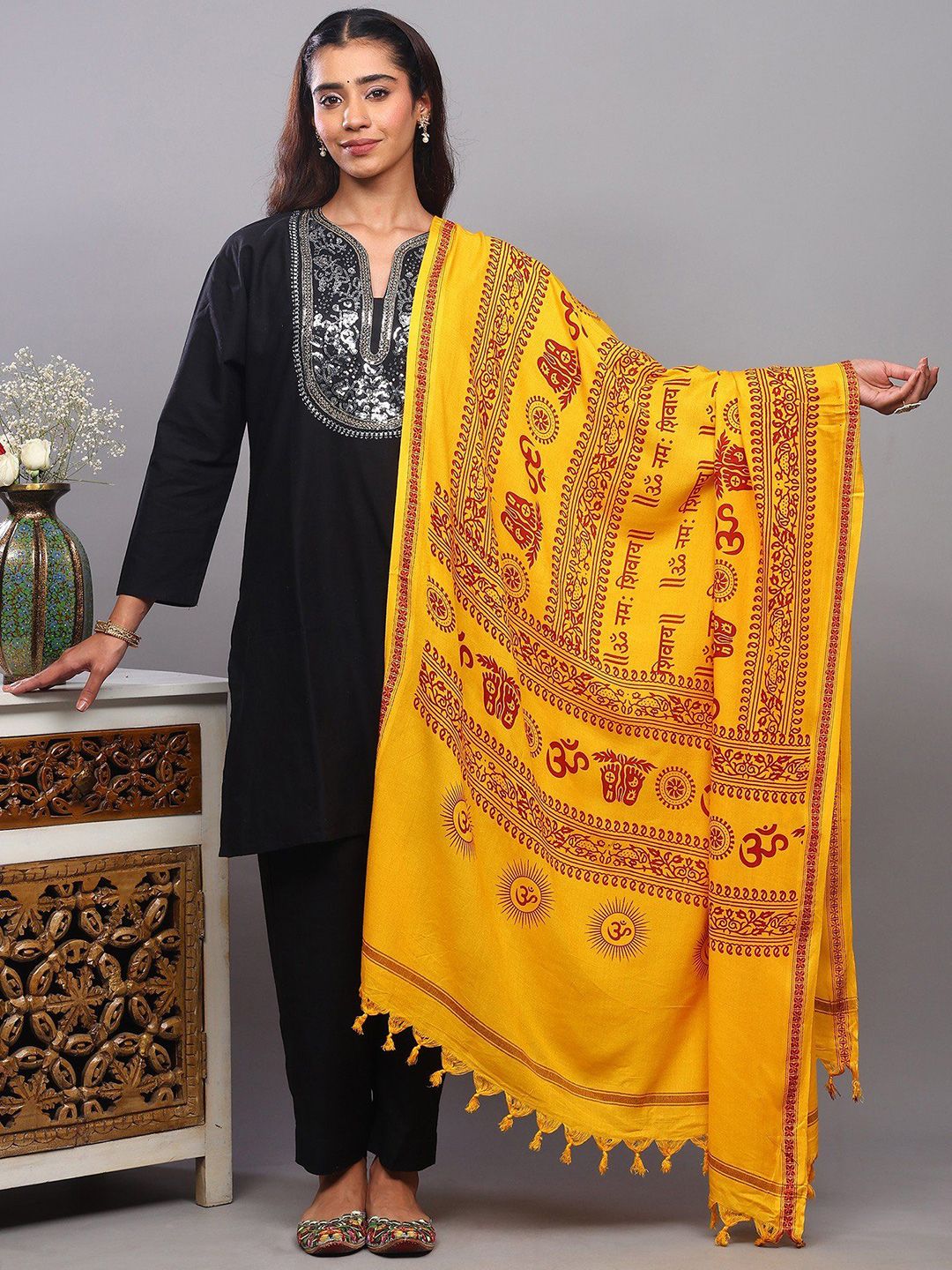 Exotic India Ethnic Motifs Printed Om Namah Shivai Prayer Shawl-image-21