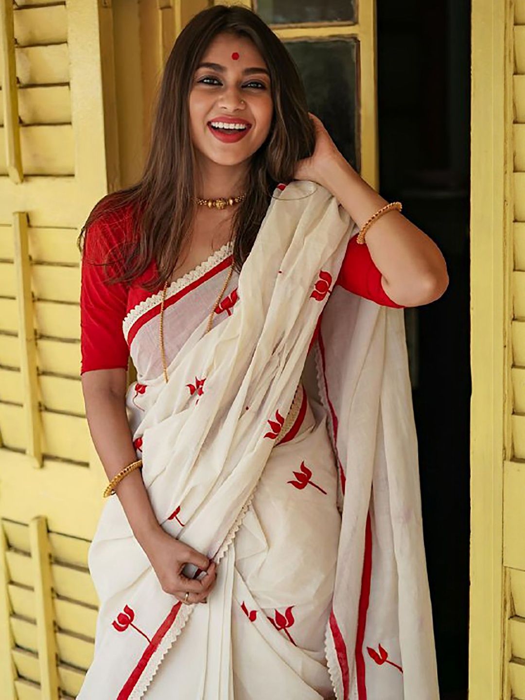 KALINI Embellished Embroidered Linen Blend Handloom Block Print Saree-image-26