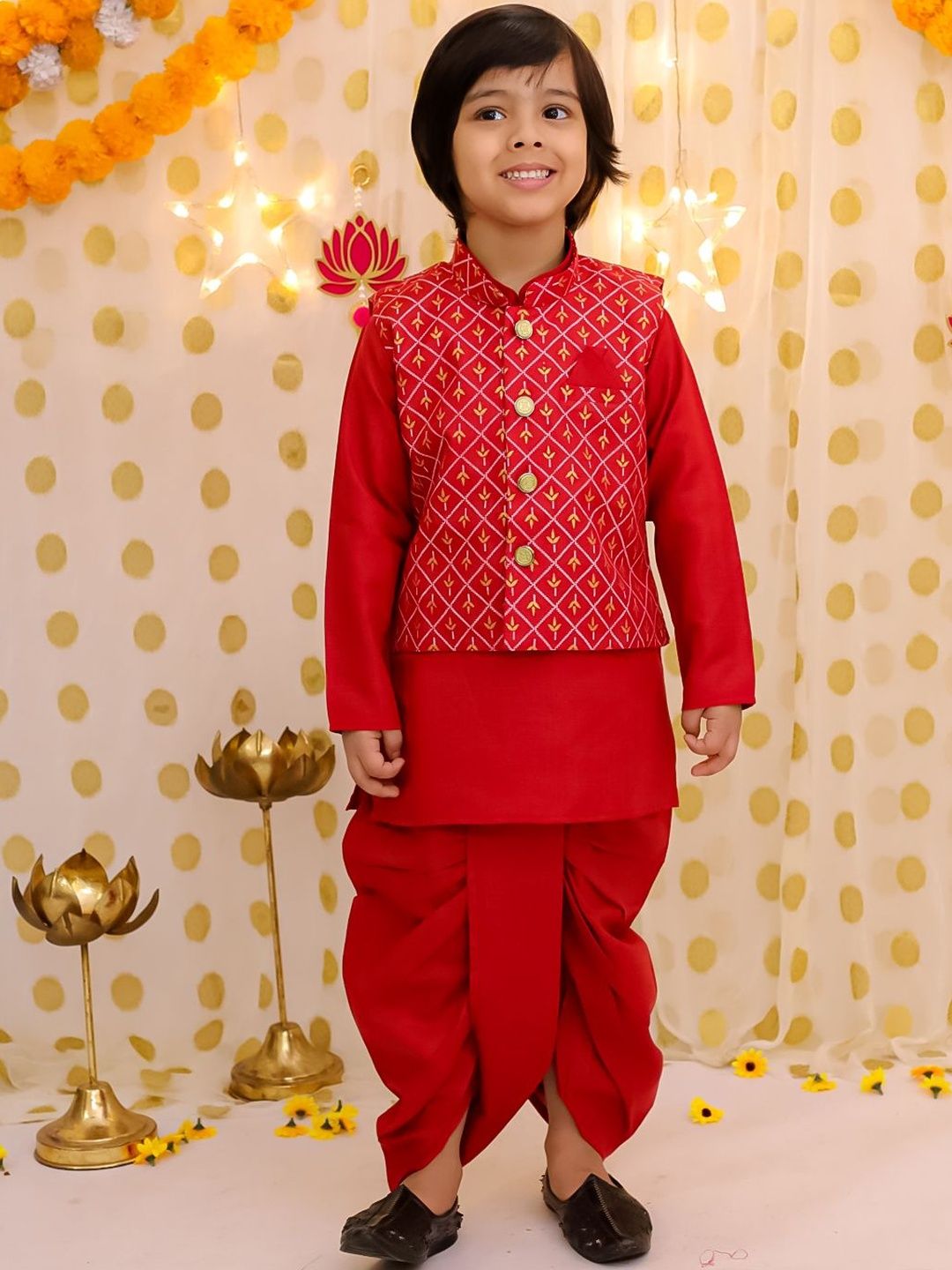 BownBee Boys Solid Linen Kurta with Dhoti Pants & Nehru Jacket-image-40