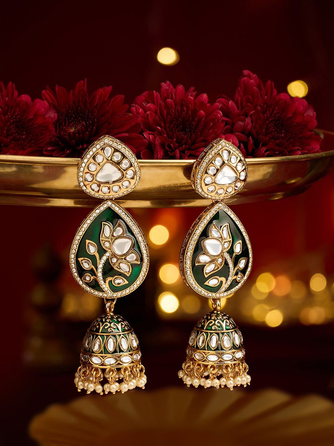 Zaveri Pearls Green Meenakari Lotus Design Kundan Statement Jhumka Earring-image-3