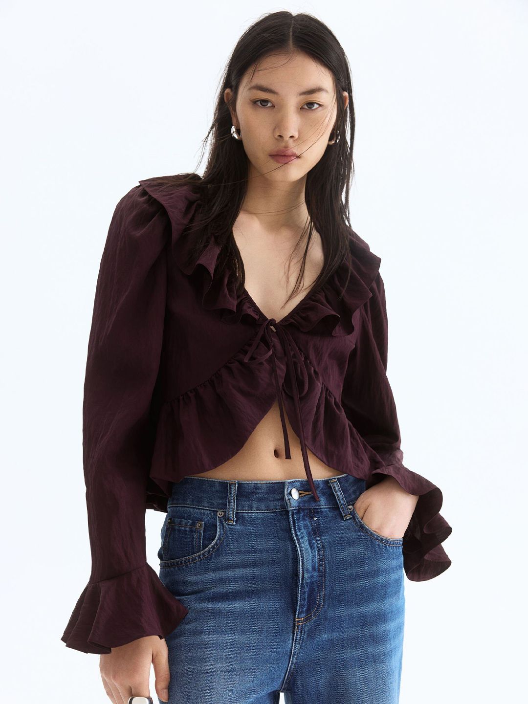 H&M Women Purple Solid Frilled blouse-picture-18