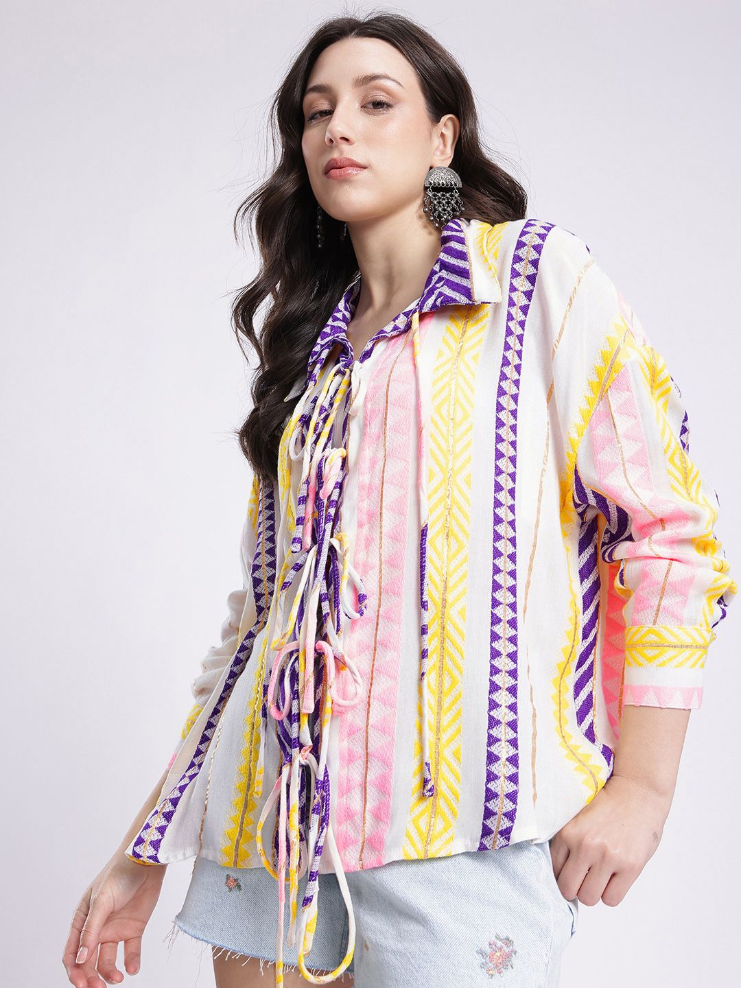 fusion by glitchez Relaxed Fit Geometric Woven Design Drop-Shoulder Sleeves Casual Shirt