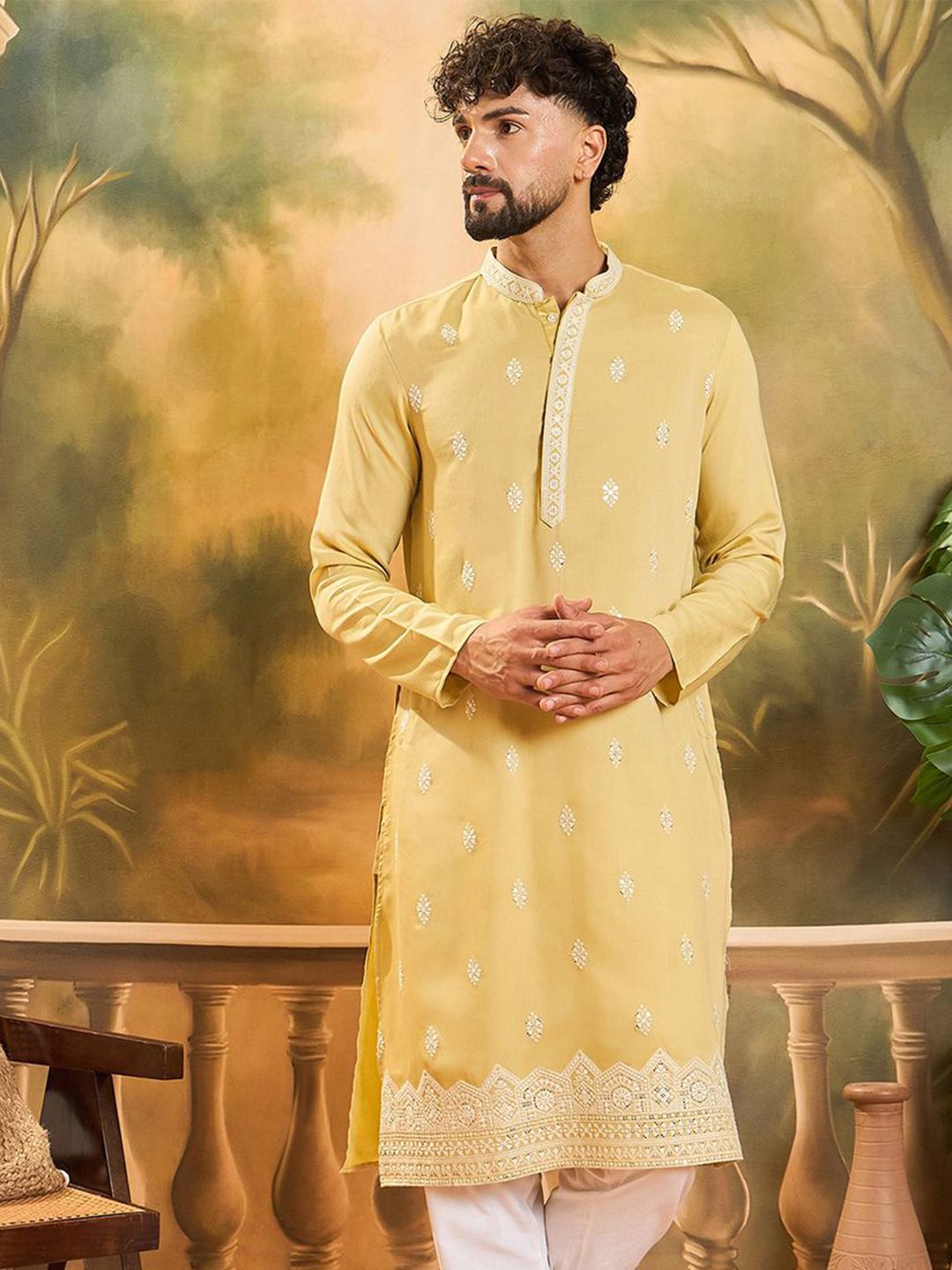 Ethnic Bay Men Ethnic Motifs Embroidered Festive Silk Straight Kurta-picture-30