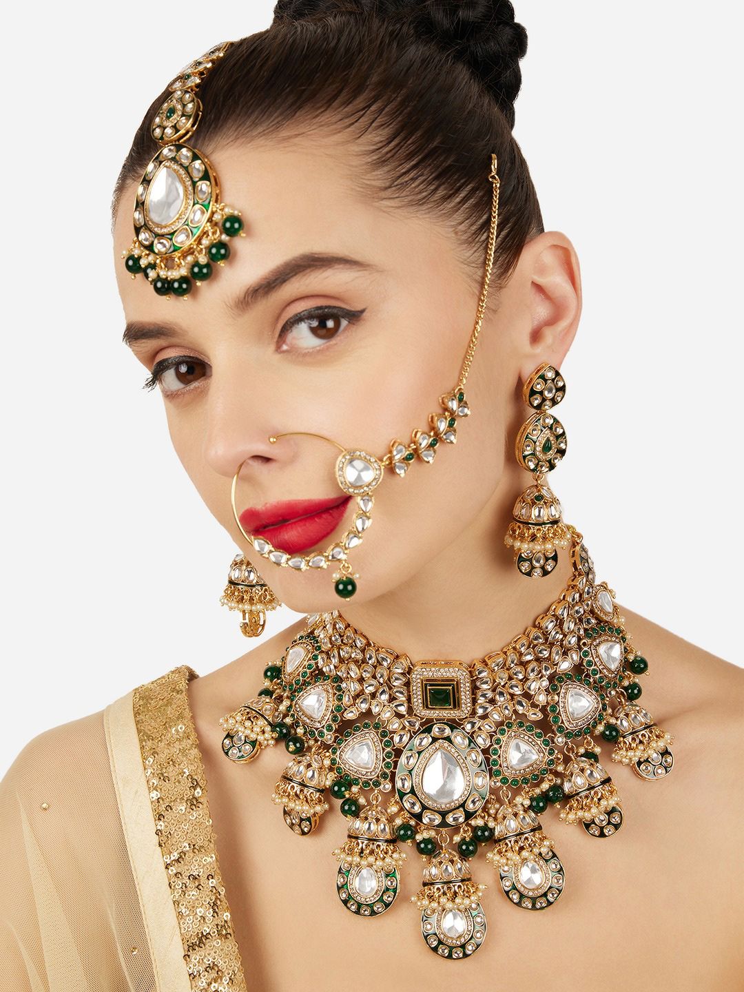 Zaveri Pearls Gold Plated Stones Studded & Beaded Meenakari Necklace And Earrings-picture-51