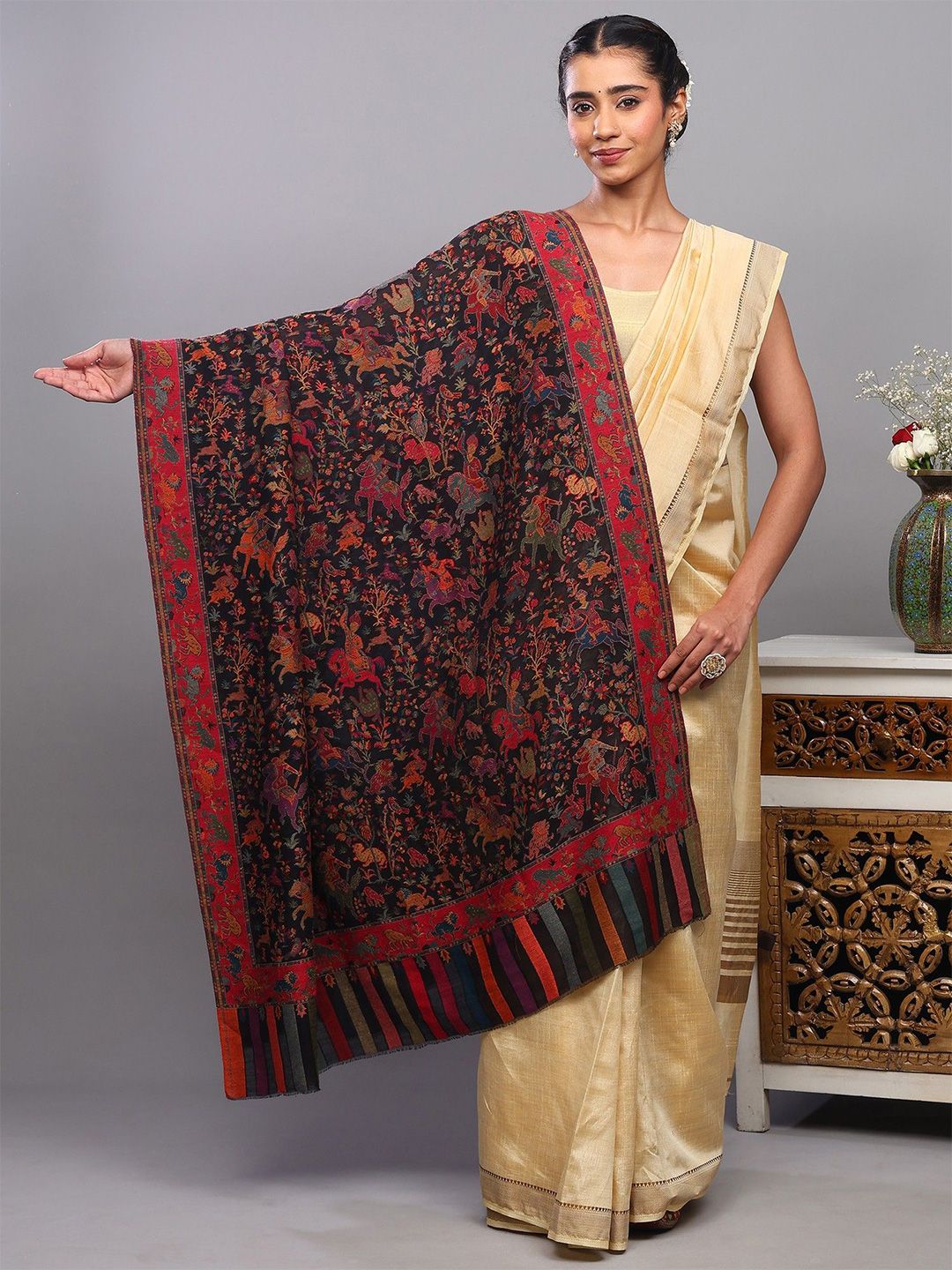 Exotic India Woollen Kani Jamawar Shawl With Woven Mughal Hunting Scene-image-32
