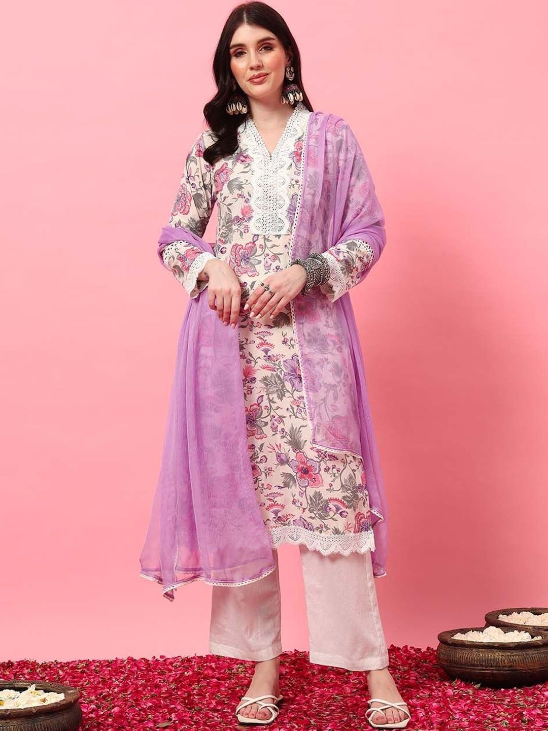 MAHUKAA Printed V-Neck Pure Cotton Straight Kurta With Trousers & Dupatta-picture-57