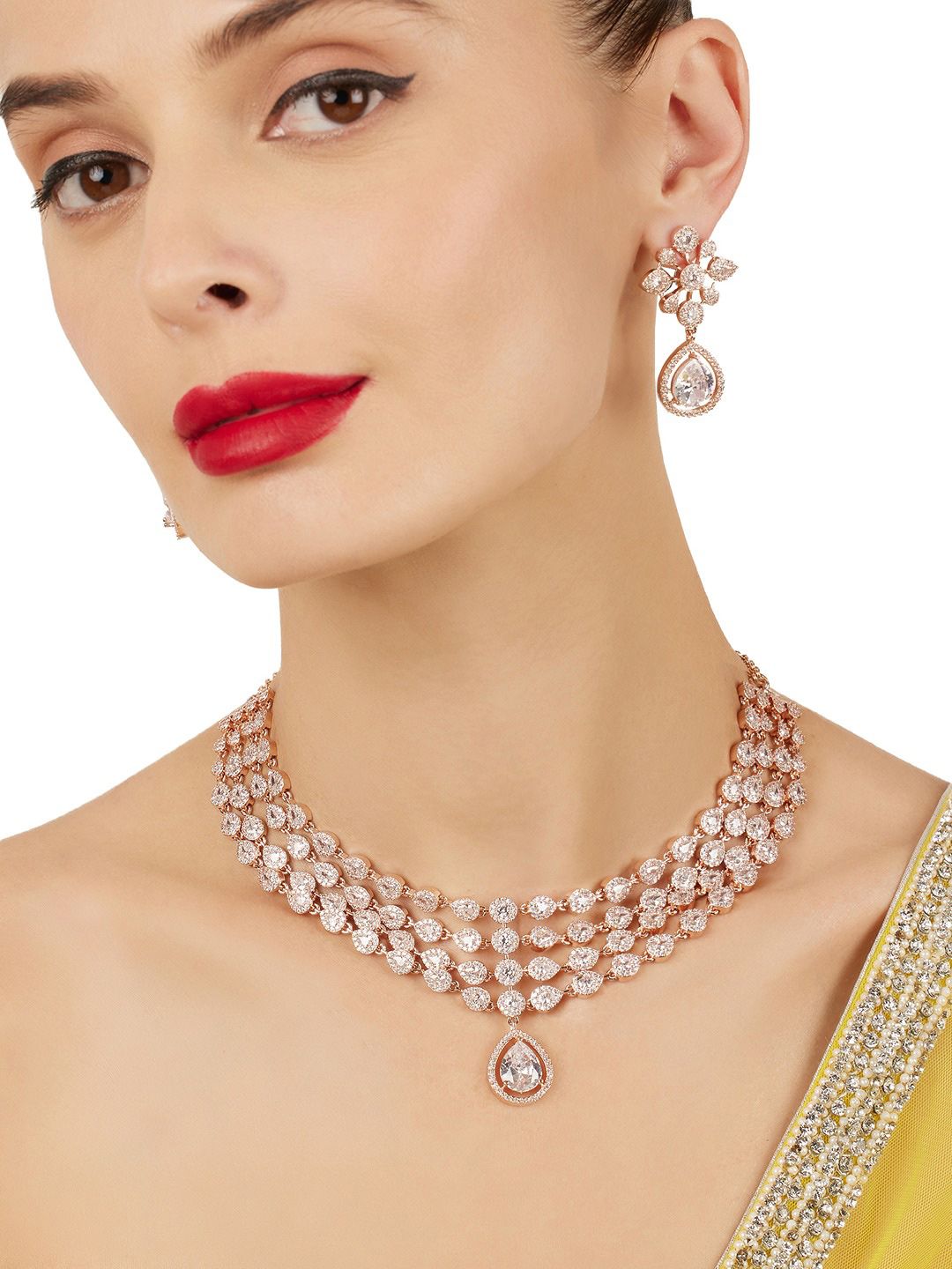 Zaveri Pearls Rose Gold Plated Layered Cubic Zirconia Studded Necklace & Earrings-picture-58