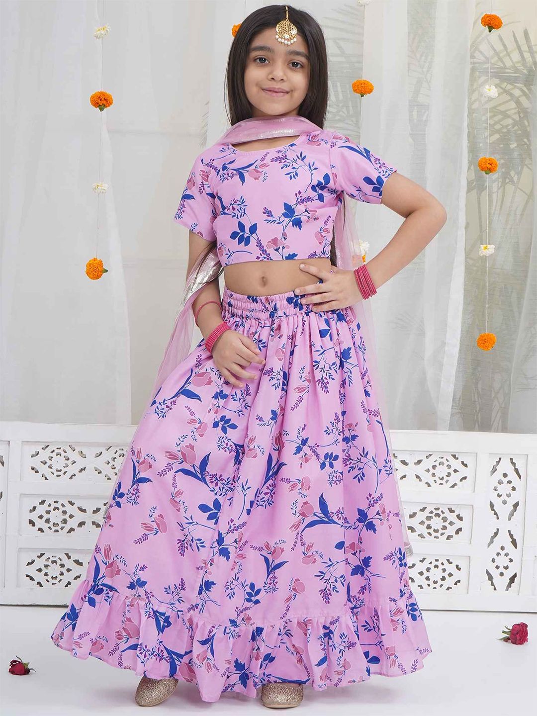 Little Bansi Girls Pink Cotton Lining With Muslin Floral Blouse with Lehenga & Dupatta-picture-20