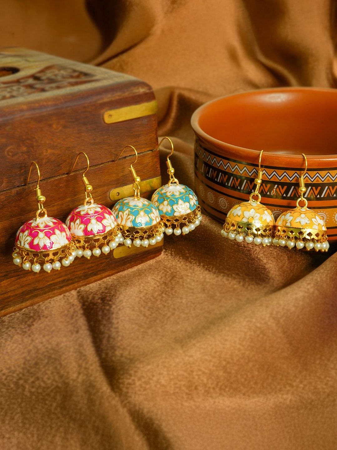 Vesara Set of 3 Gold-Plated Pearls Beaded Meenakari Dome Shaped Jhumkas-picture-38