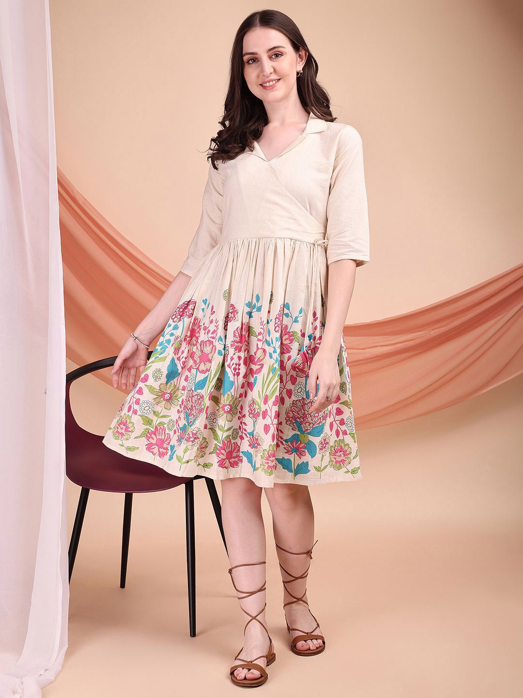 Kinjo Women Floral Printed V-Neck Tie-Ups Above Knee Wrap Dress-picture-14