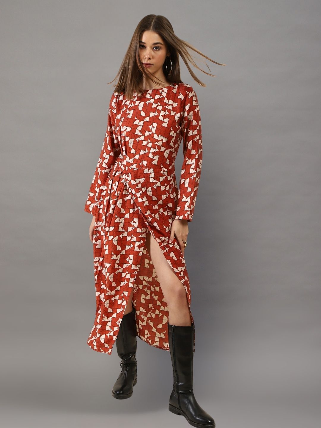 Sera Women Geometric Printed Slits Wrap Midi Dress-picture-17