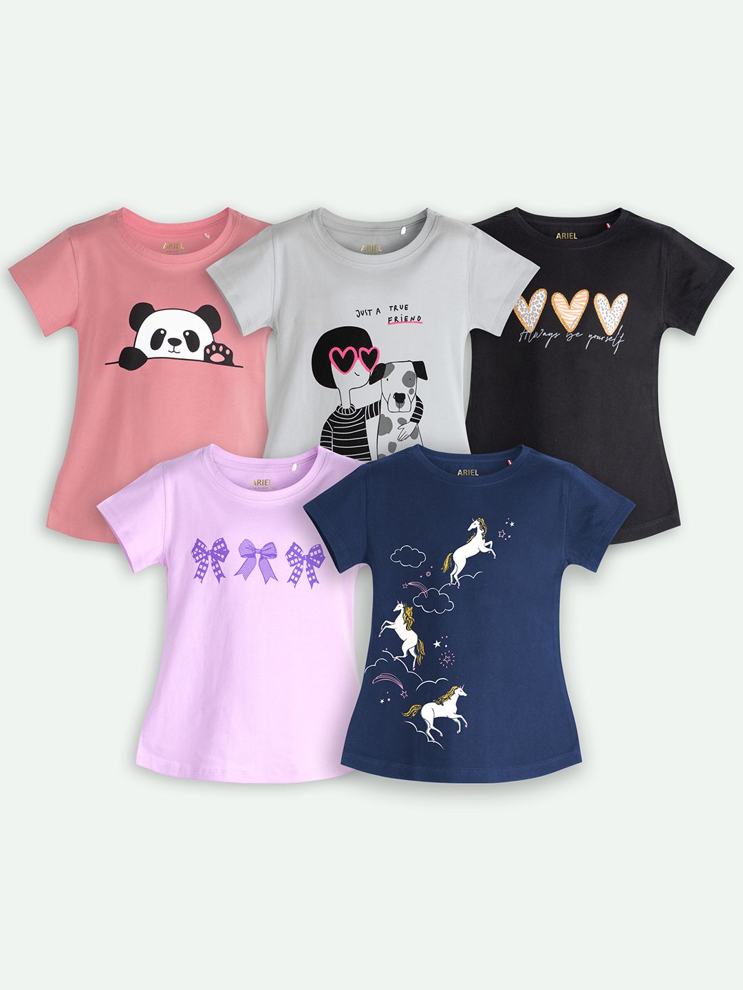 ariel Girls Pack of 5 Typography Printed Round Neck Pure Cotton T-shirts