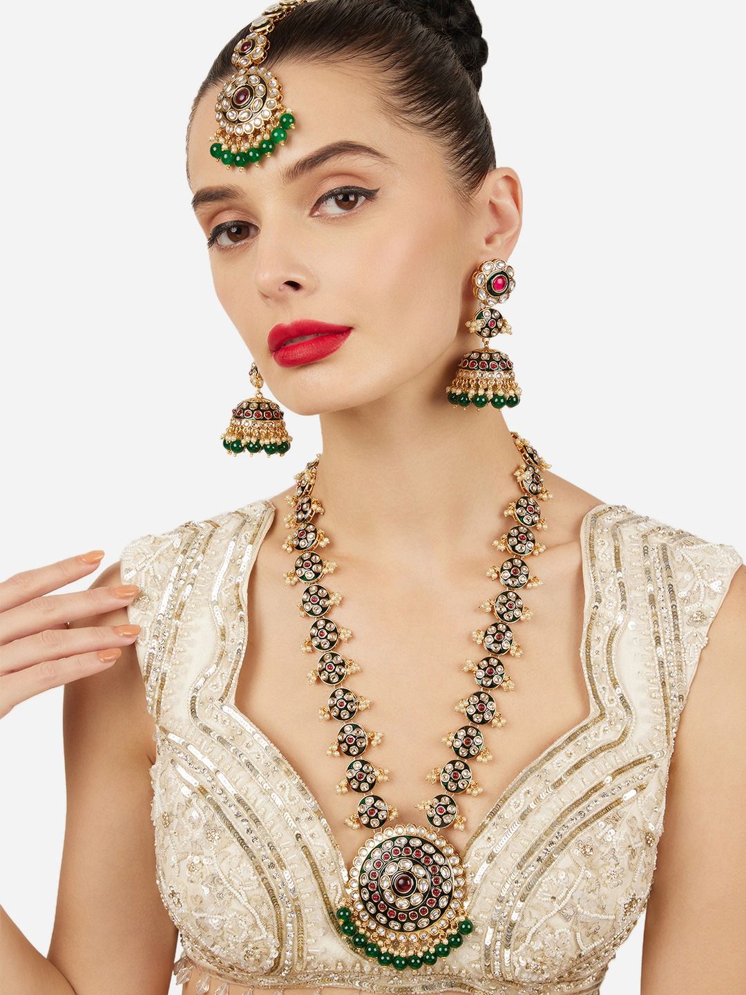 Zaveri Pearls Gold Plated Stones Studded & Beaded Meenakari Necklace And Earrings-picture-51