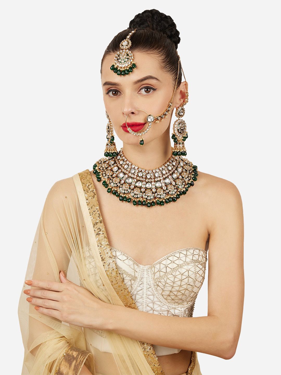 Zaveri Pearls Gold Plated Stones Studded & Beaded Meenakari Necklace & Earrings