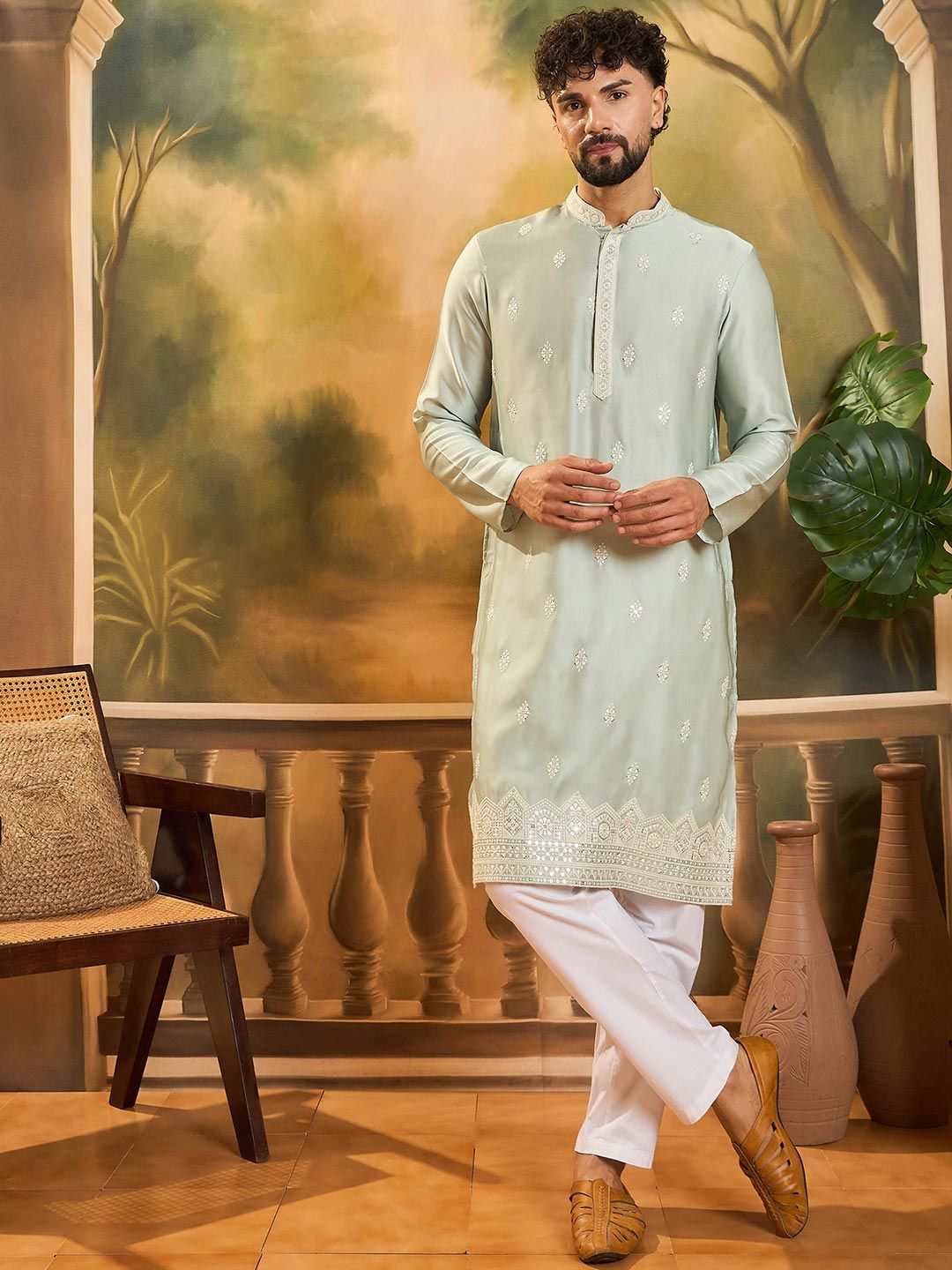 Anouk Floral Embroidered Mandarin Collar Straight Sequins Work Kurta-picture-24