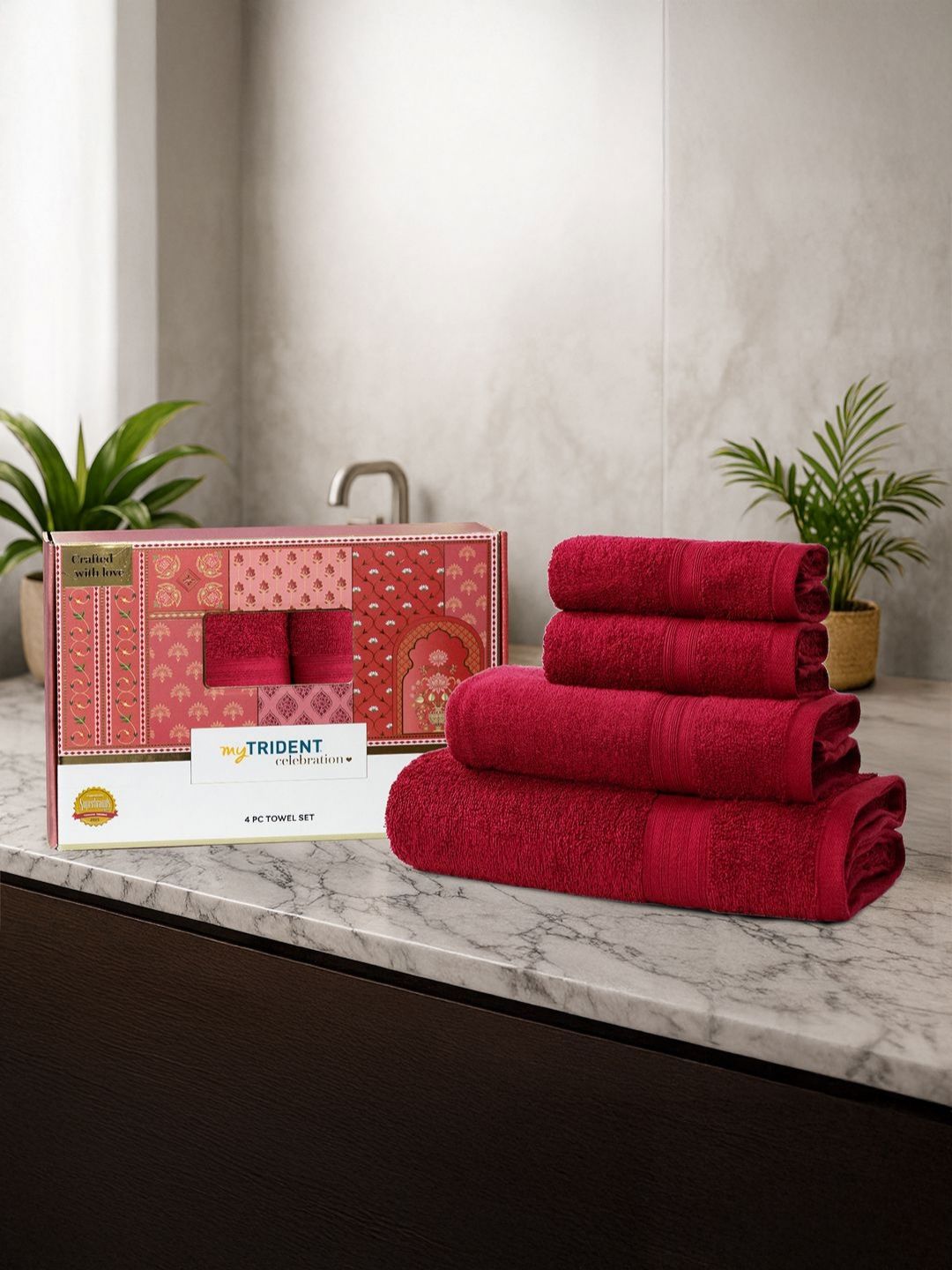 MYTRIDENT Red 4 Pieces Cotton 450 GSM Towel Set-image-43