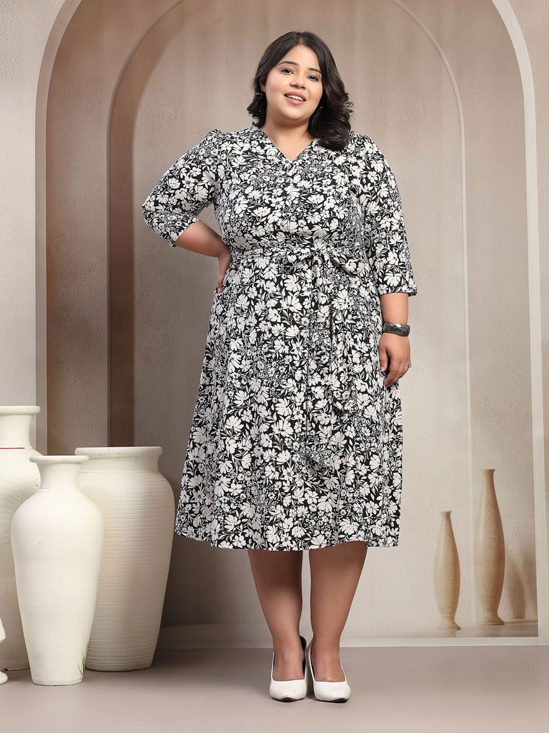 plusS Floral Printed Belted V-Neck Puff Sleeve Fit and Flare Midi Dress-picture-35