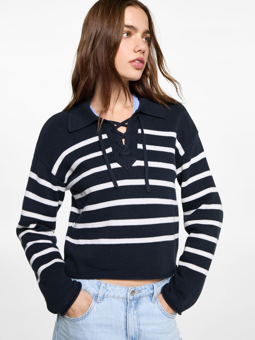 MANGO Striped Polo Collar Pure Cotton Sweaters-image-39