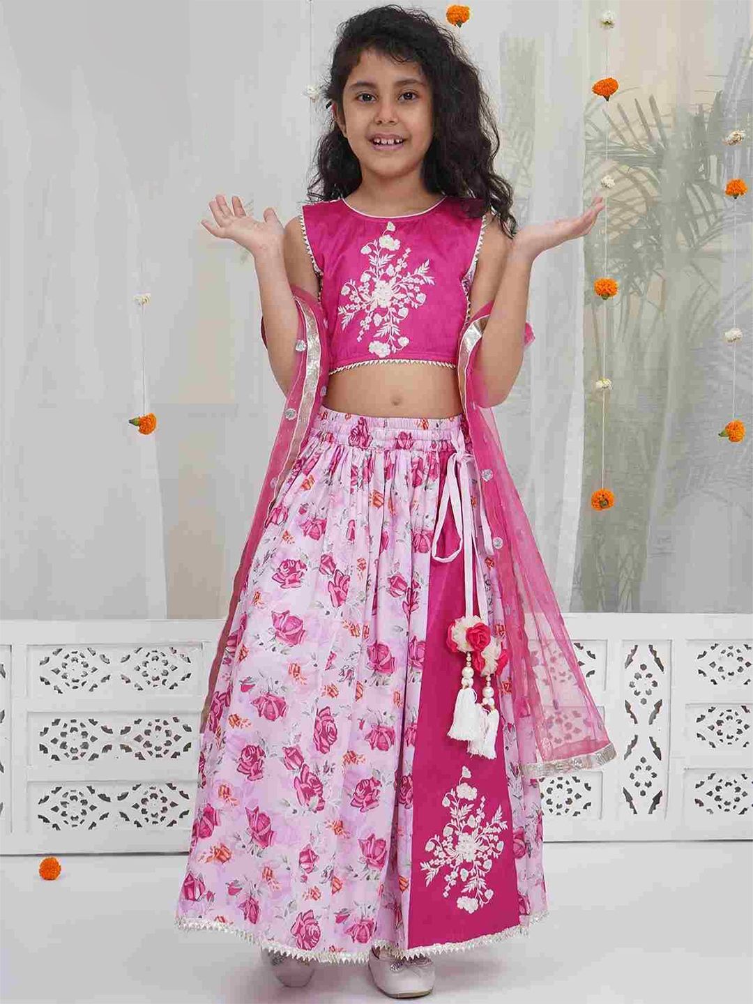 Little Bansi Girls Pink Muslin Mulberry silk Rose Blouse With Lehenga & Dupatta --picture-21