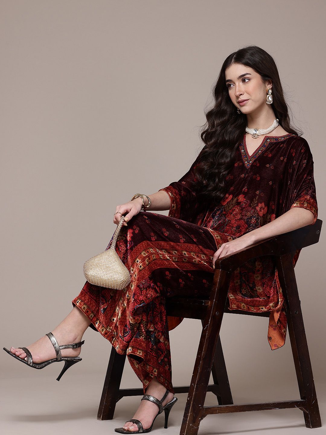 Ritu Kumar Floral Printed Mirror Work Kaftan Kurti with Trousers-picture-35