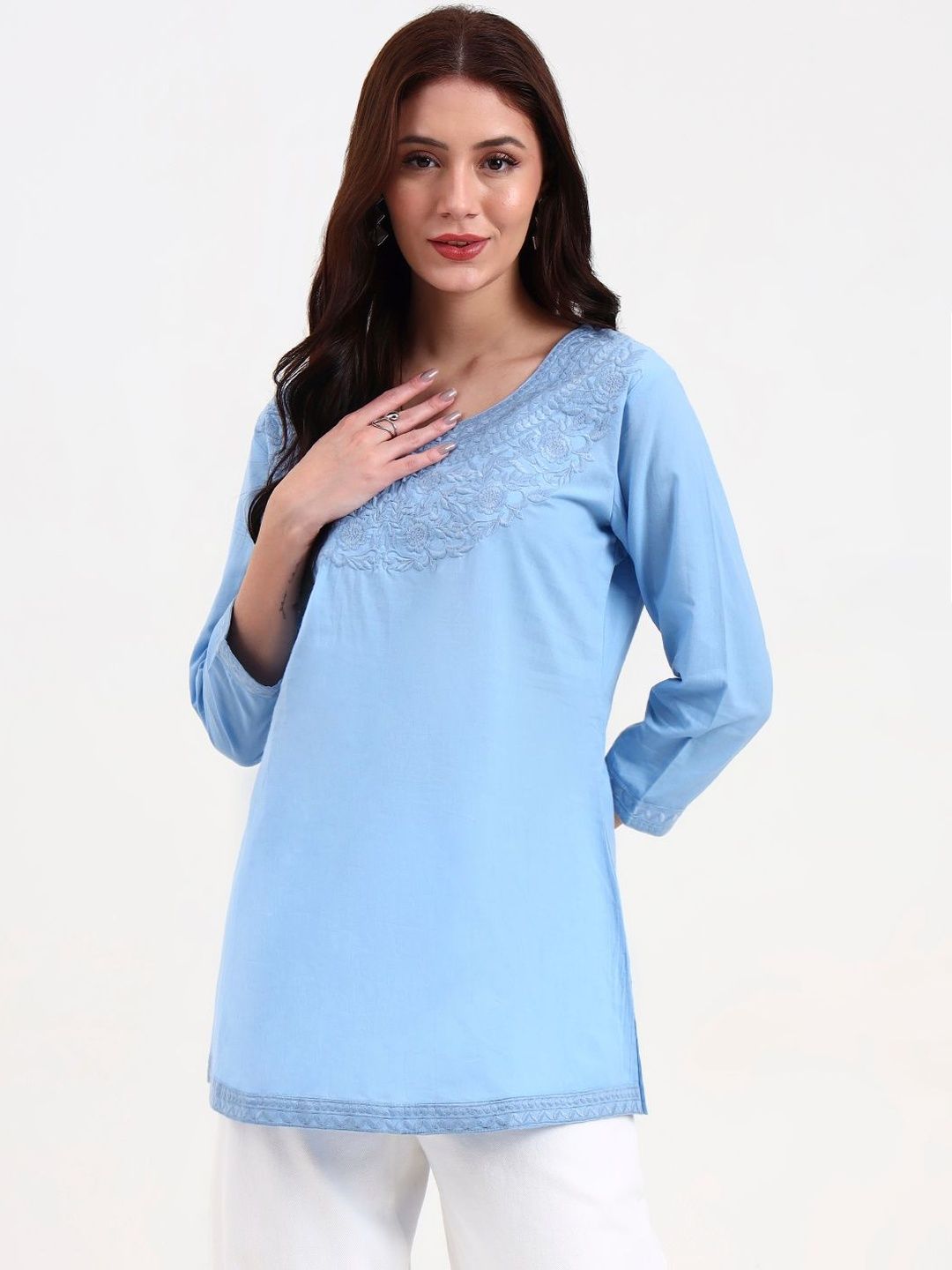 Yufta Floral Embroidered Thread Work Pure Cotton Straight Kurti-picture-14