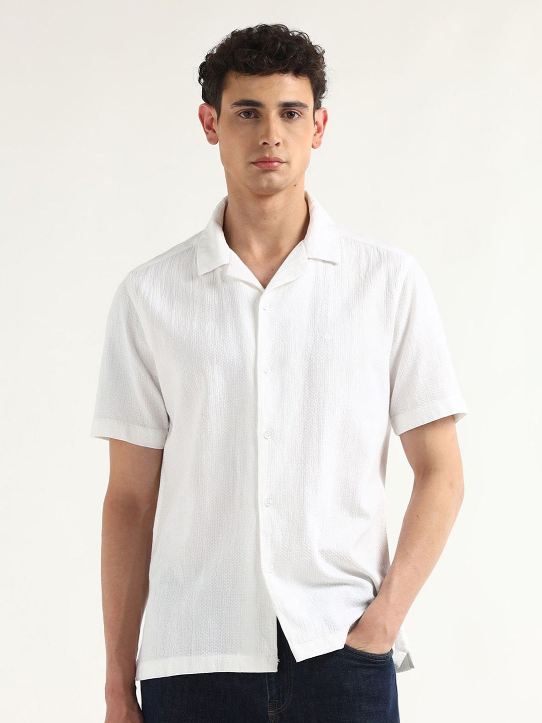 Arrow Men Slim Fit Textured Cuban Collar Pure Cotton Elixir Shirt-picture-12