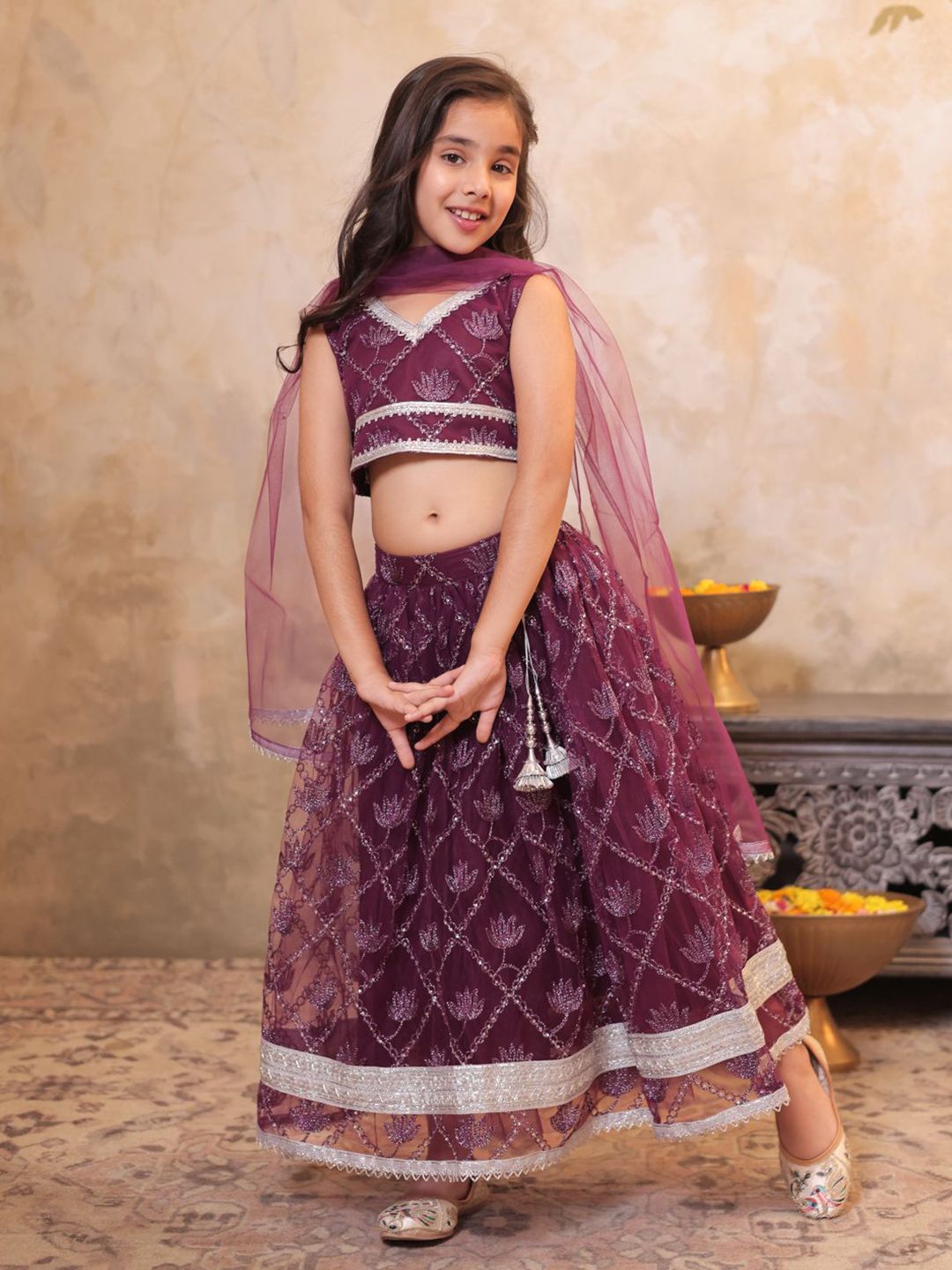 Aj DEZInES Girls Embroidered Ready to Wear Net Lehenga & Blouse With Dupatta-picture-14