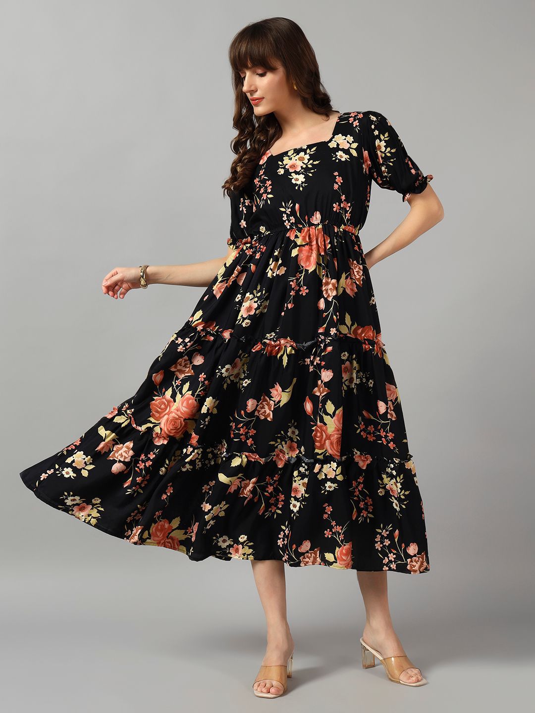 Raiyani Enterprise Floral printed Square Neck Fit And Flare Tiered Midi Dress-picture-39