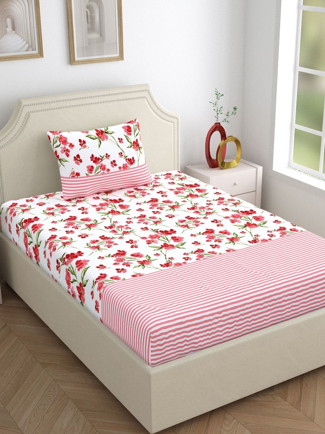 Home Ecstasy Pink & White Printed Pure Cotton 140 TC Single Bedsheet Set 2.2 m x 1.5 m-image-31