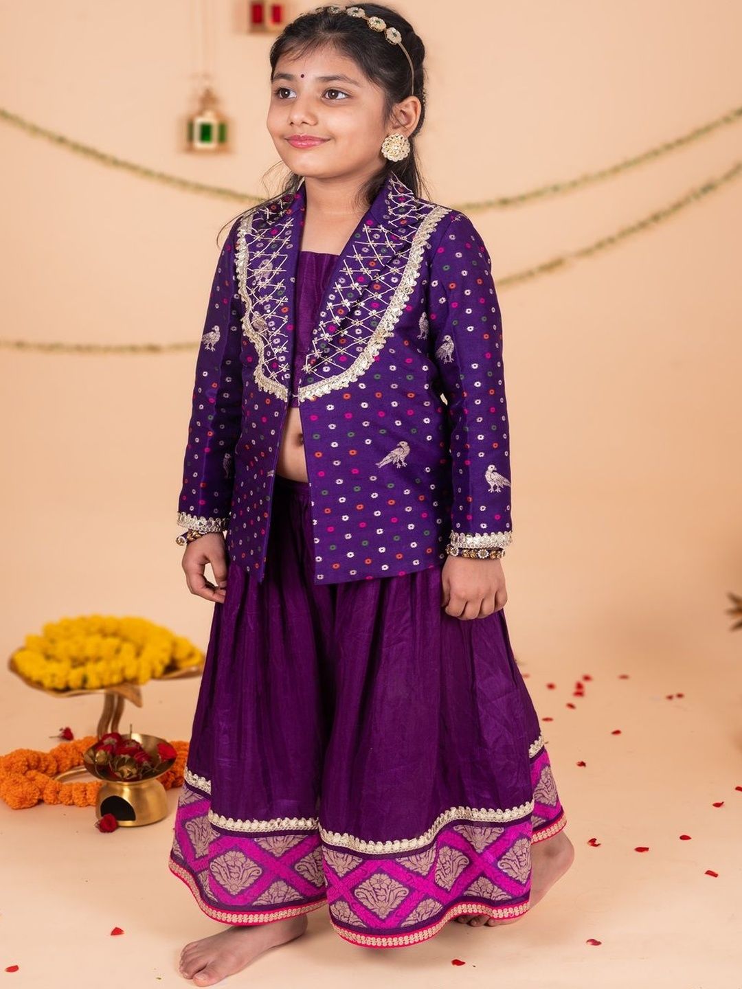 TOPLOVE Girls Ethnic Motifs Printed Cotton Silk Gotta Patti Kurta With Skirt-image-2