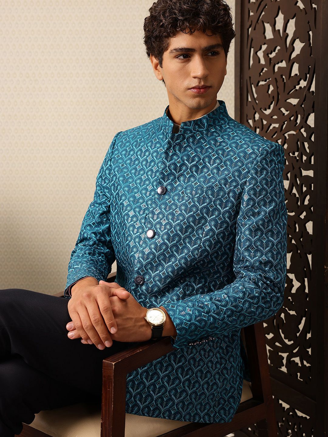 House of Pataudi Self Design Textured Jashn Bandhgala Blazer-picture-17