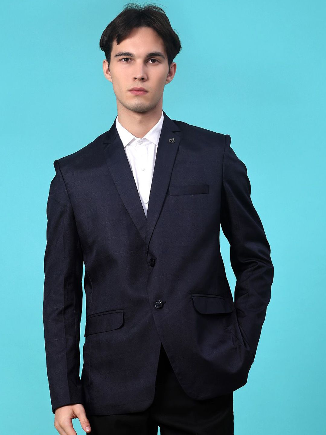 V-Mart Checked Notched Lapel Long Sleeves Single-Breasted Formal Blazer-picture-22