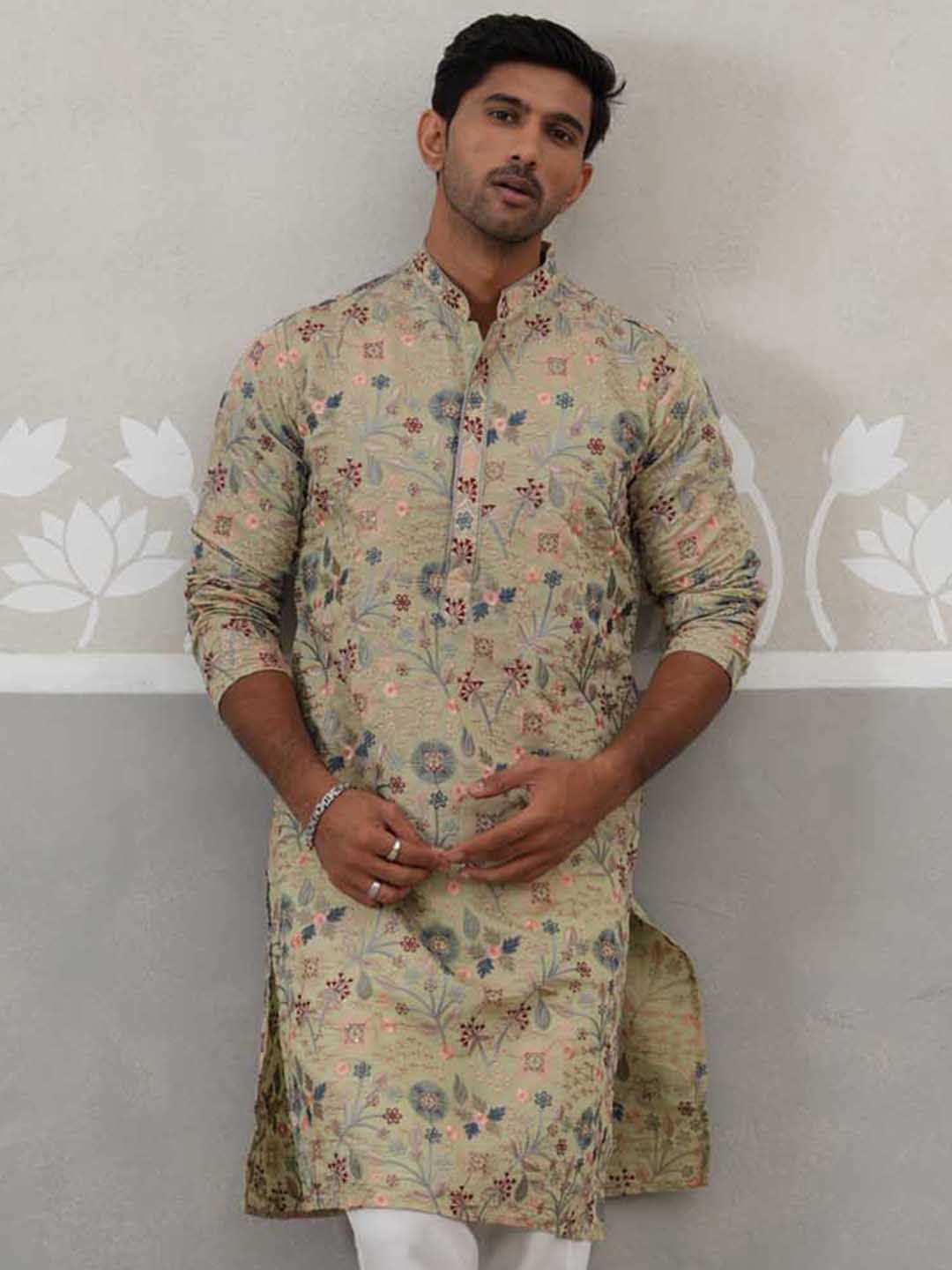 Jompers Men Floral Embroidered Mandarin Collar Chikankari Straight Kurta-picture-11