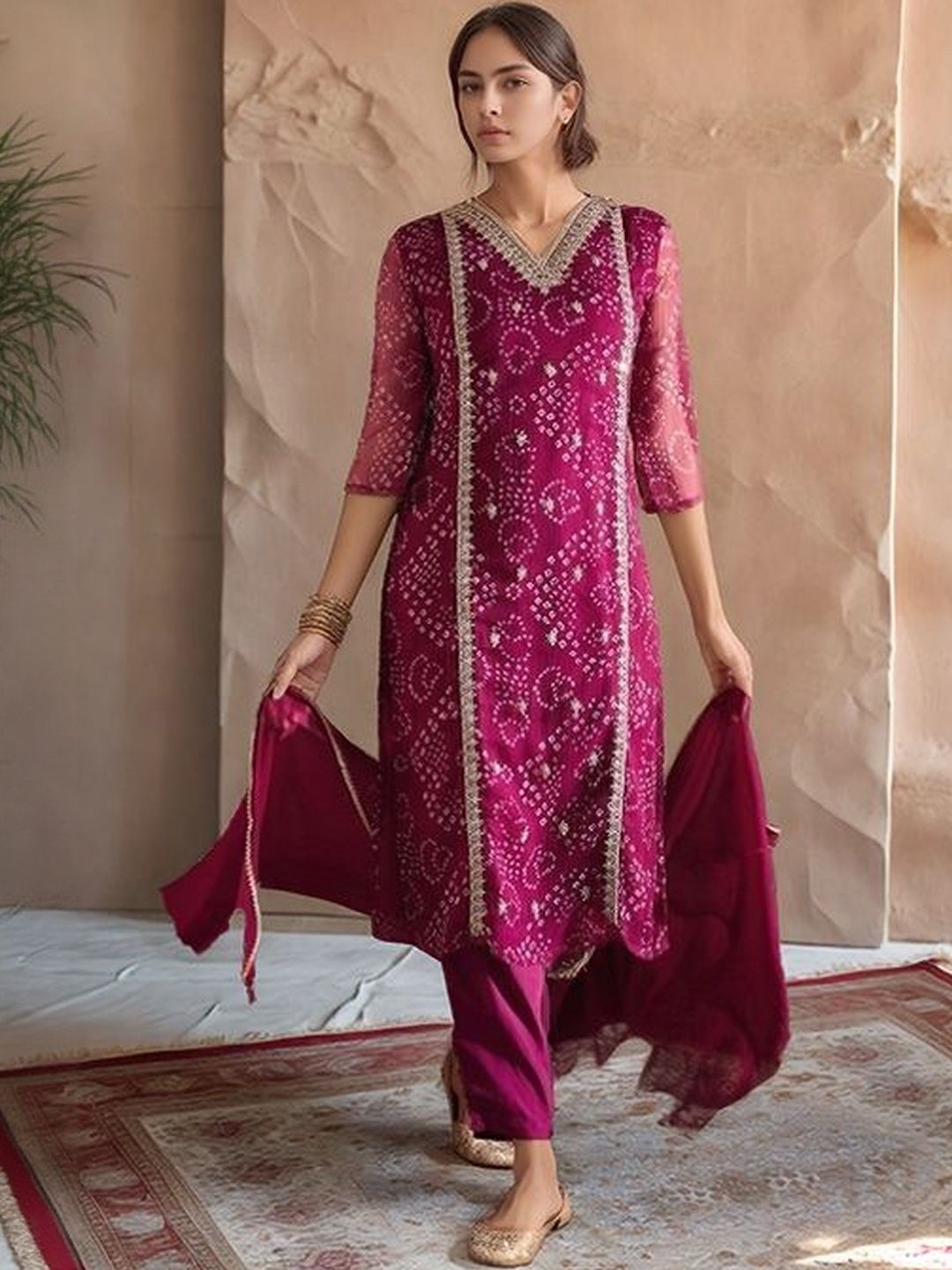 Tulip Eden Ethnic Motifs Printed V-Neck Straight Kurta With Trouser & Dupatta-picture-10